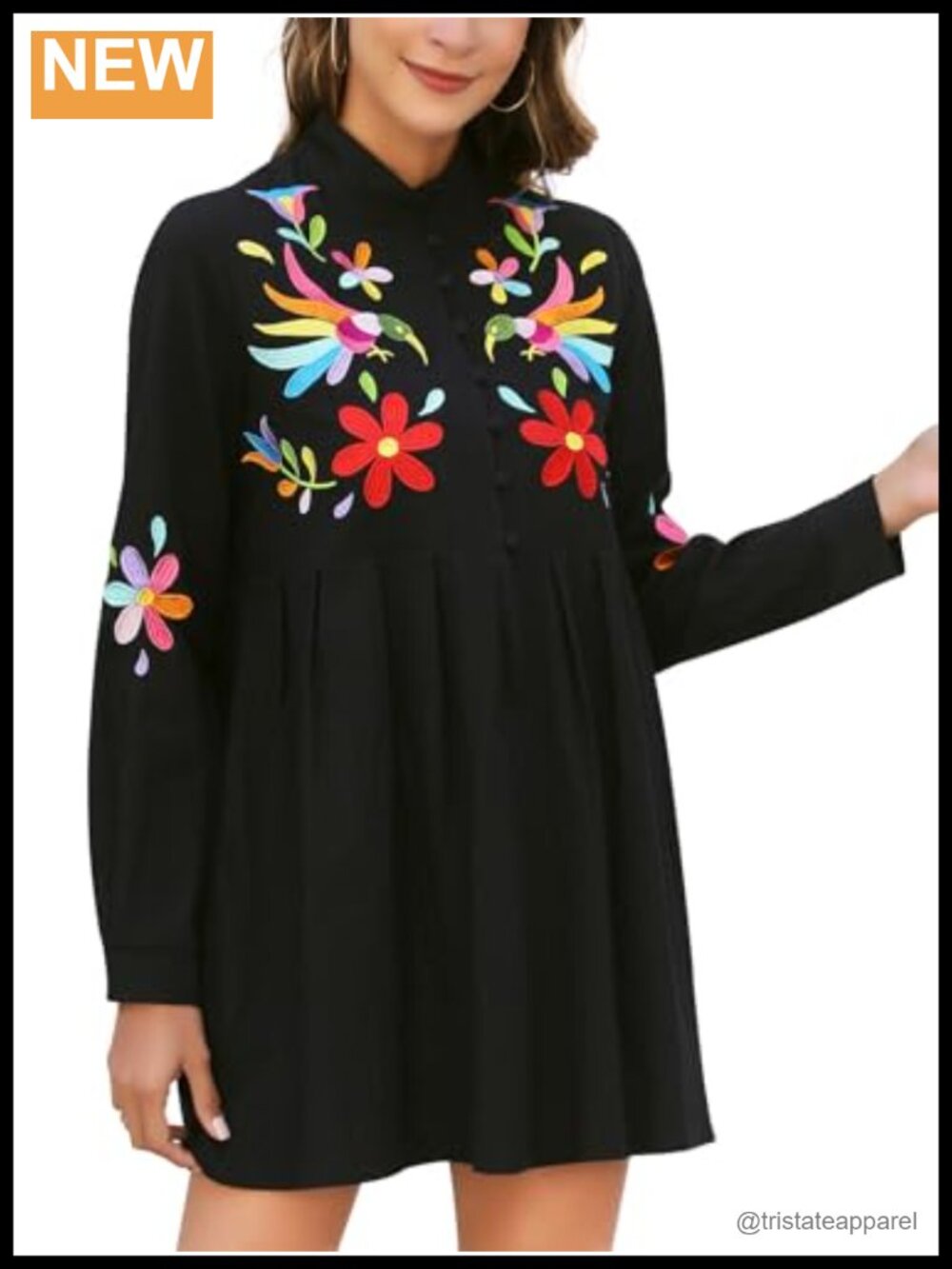 Women Embroidered Mexican Blouse Floral Long Sleeve Cotton Blend Button Down